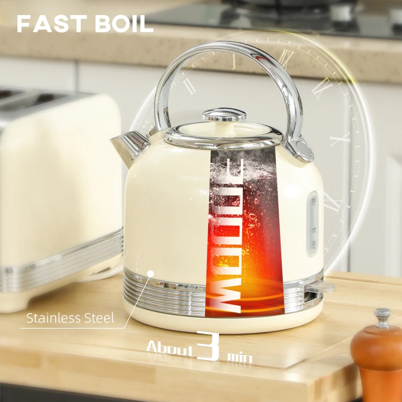 Polished Stainless Steel Cream Kettle and Toaster Set - Stylish Kitchen Appliances for Modern Homes