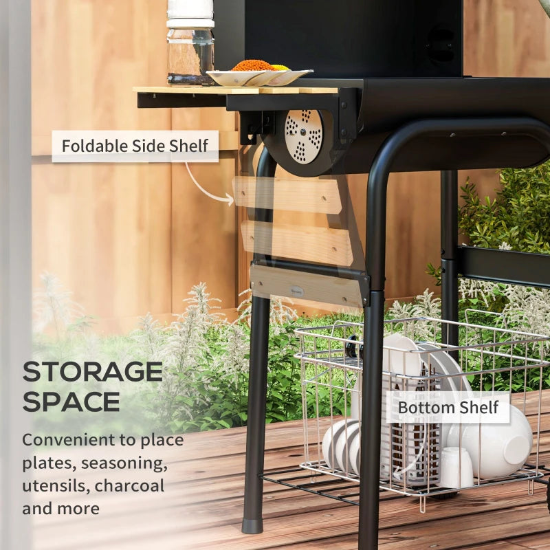 Charcoal BBQ Grill with Thermometer, Shelves, and Wheels - Black