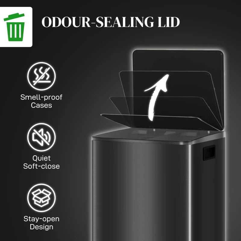 60L Dual Compartment Stainless Steel Trash Bin with Deodoriser Holders - Stylish Black Waste Management Solution
