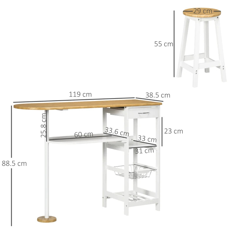 3 Piece Bar Table Set with Stools, Storage Shelf, Drawer, Wire Basket & Wine Rack - Natural & White Finish for Kitchen & Home Bar