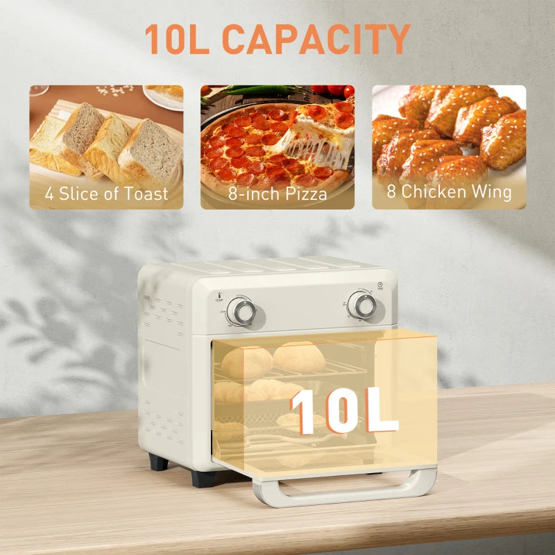 10L Cream White Air Fryer Oven - Oil Free Cooking, Grill, Roast & Bake, 1000W, Adjustable Temp & Timer, Dishwasher Safe
