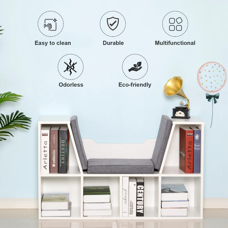 Stylish White Bookcase Storage Shelf with Cushioned Reading Seat - Cube Bookshelf Organizer for Bedroom & Living Room