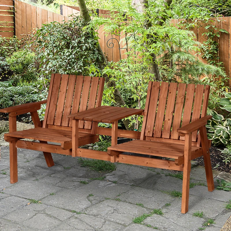 2-Seater Wooden Bench with Built-in Table - Natural Wood