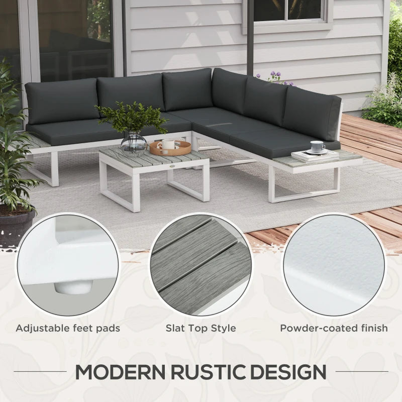 White Framed Metal Corner Sofa Set With Cushions & Woodgrain Table