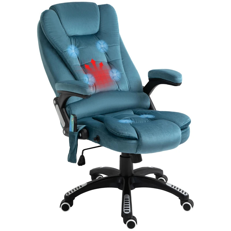 Vinsetto Heated Massage Recliner Chair - 6 Massage Points, Velvet Fabric, 360° Swivel, Blue - Perfect for Office & Relaxation
