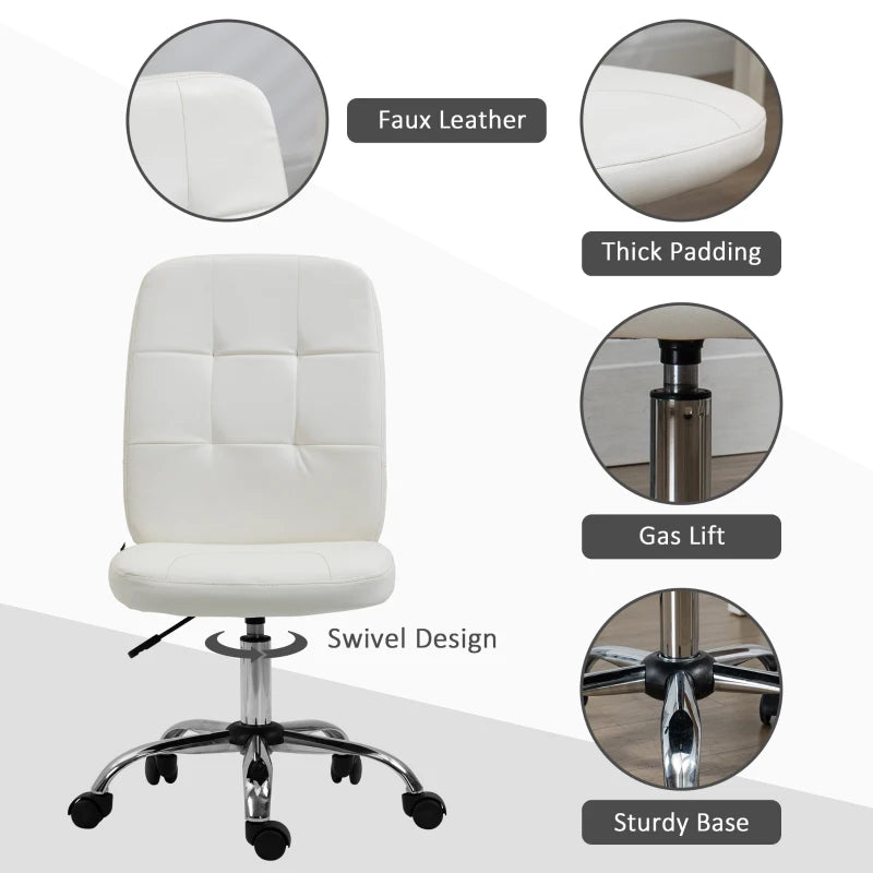 Vinsetto Armless Faux Leather Office Chair - Modern White Design for Home & Office, Ergonomic Comfort, Stylish Seating