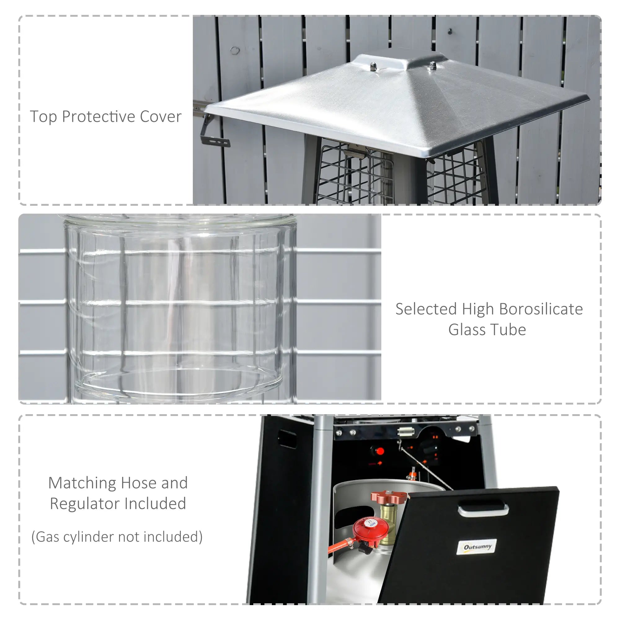 50 x 50 x 225cm Freestanding Gas Patio Heater - Garden Tower Heater with Wheels, Dust Cover, Regulator and Hose Included, Black,
