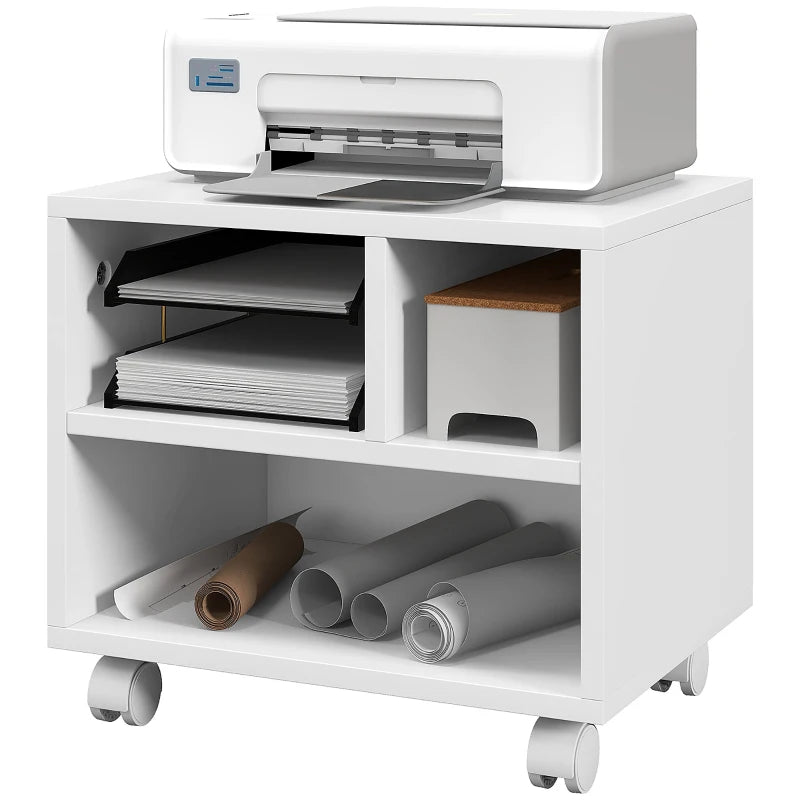 Versatile Three-Compartment Printer Cabinet on Wheels - Stylish White Storage Solution for Home Office and Workspace