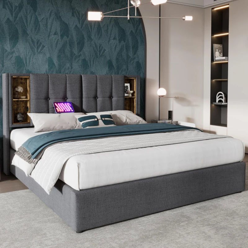 Upholstered King Size Bed Frame with Wireless Charging & Hydraulic Storage - Grey Linen Fabric, 206L x 155W x 100.5H cm