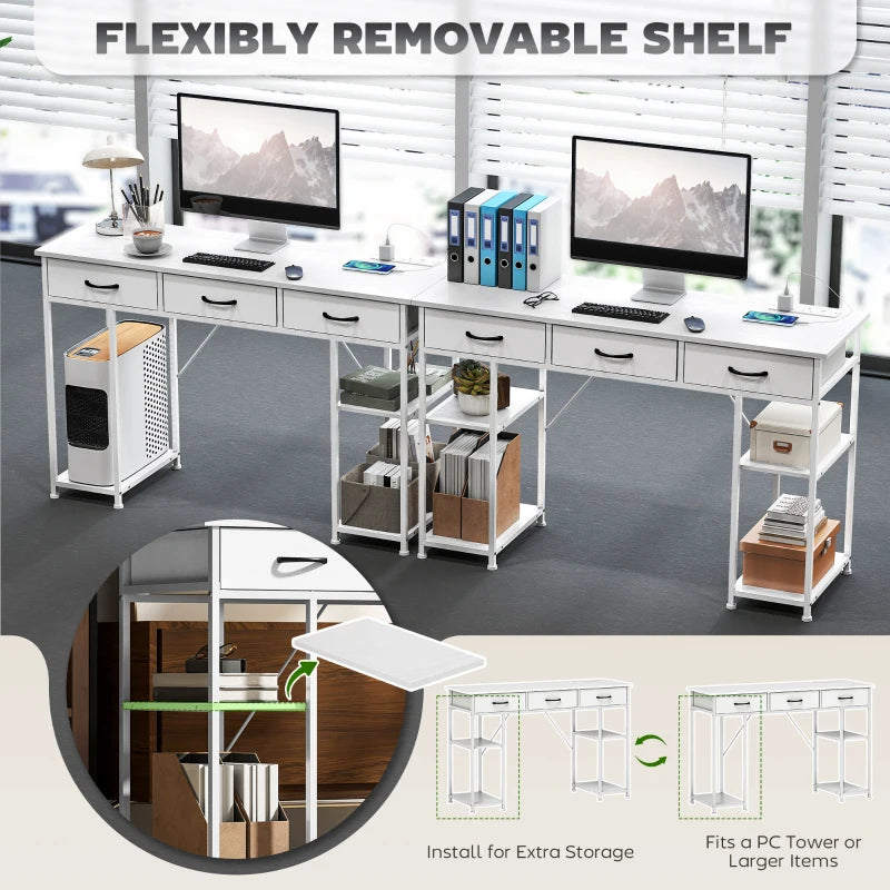 120cm White Computer Desk with Power Outlets, 3 Fabric Drawers & 4 Storage Shelves - Ideal Office Study Table
