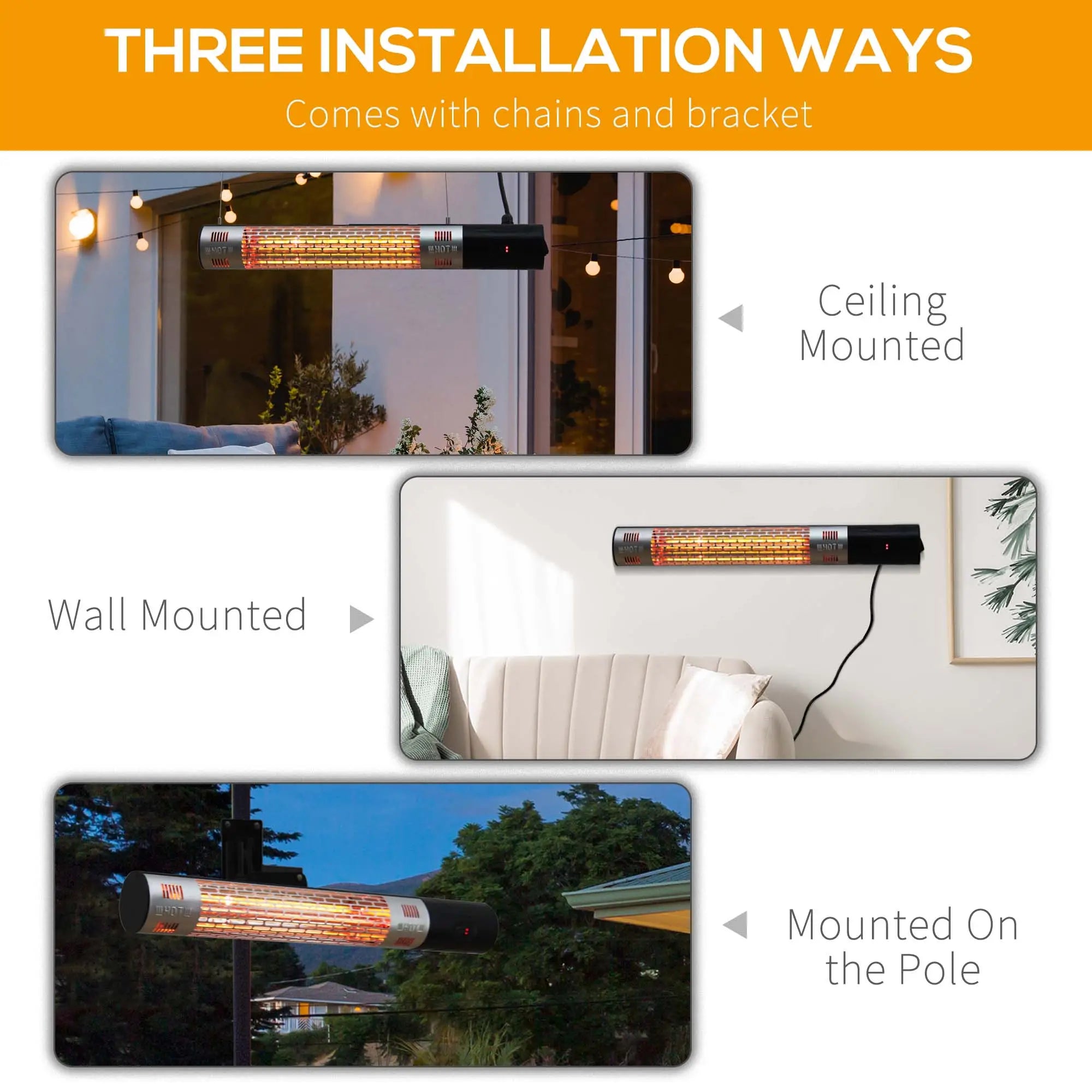 Wall Mounted Patio Heater - 1500W Electric Infrared Halogen Heater with Remote Control, Black
