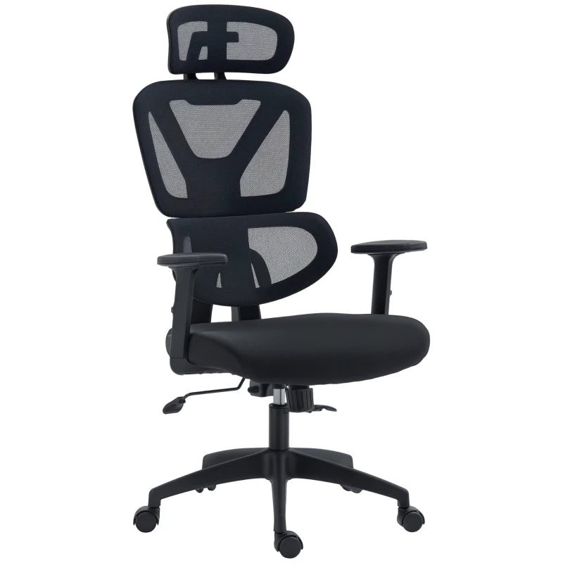 Vinsetto Adjustable Mesh Office Chair with Lumbar Support, Swivel Wheels & Headrest - Ergonomic Black Desk Chair