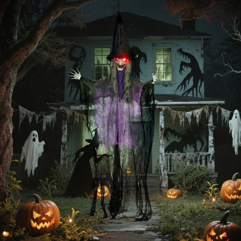183 cm Life Size Animated Hanging Witch with Glowing LED Eyes - Spooky Halloween Decoration, Battery Operated Indoor Party Prop