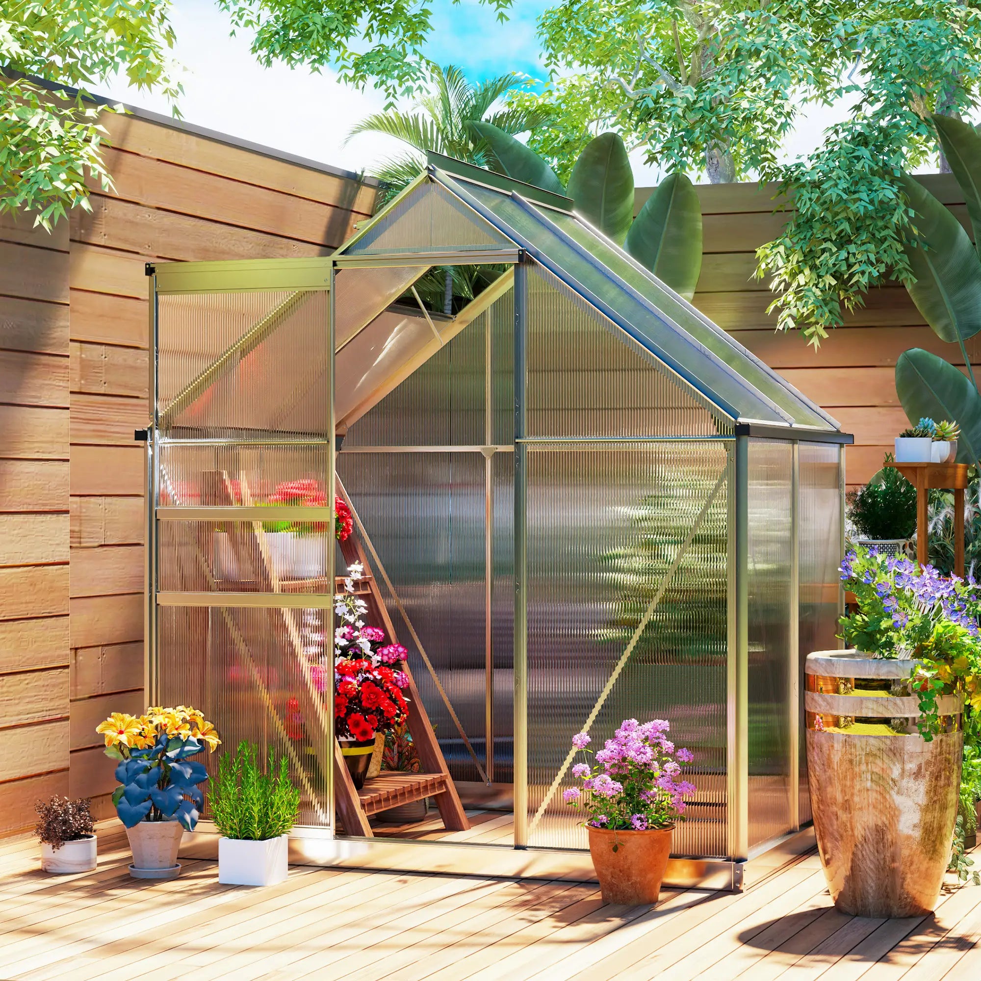 192.5cm x 131cm Walk-In Polycarbonate Greenhouse - Silver-Tone With Window hatch