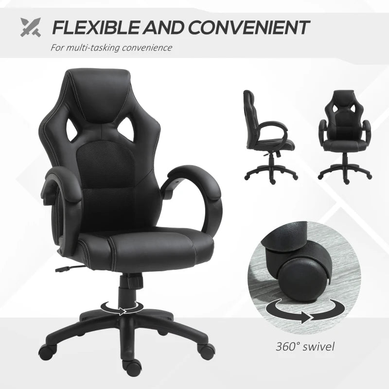 Vinsetto Ergonomic Faux Leather Swivel Office Chair with Wheels and Armrests for Home Office Black