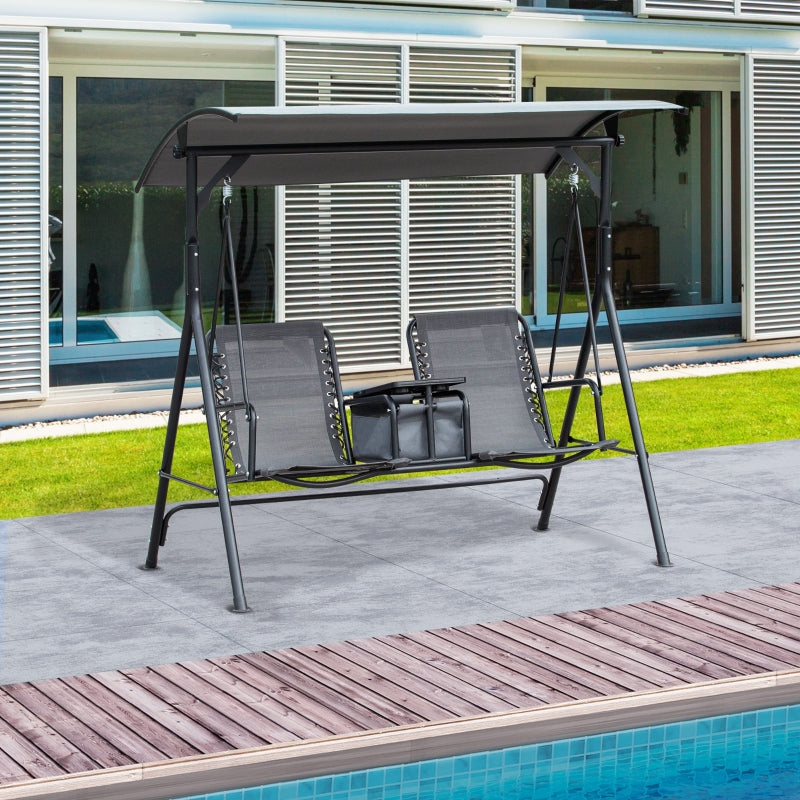 Grey 2-Seat Swing Chair with Adjustable Canopy and Middle Table