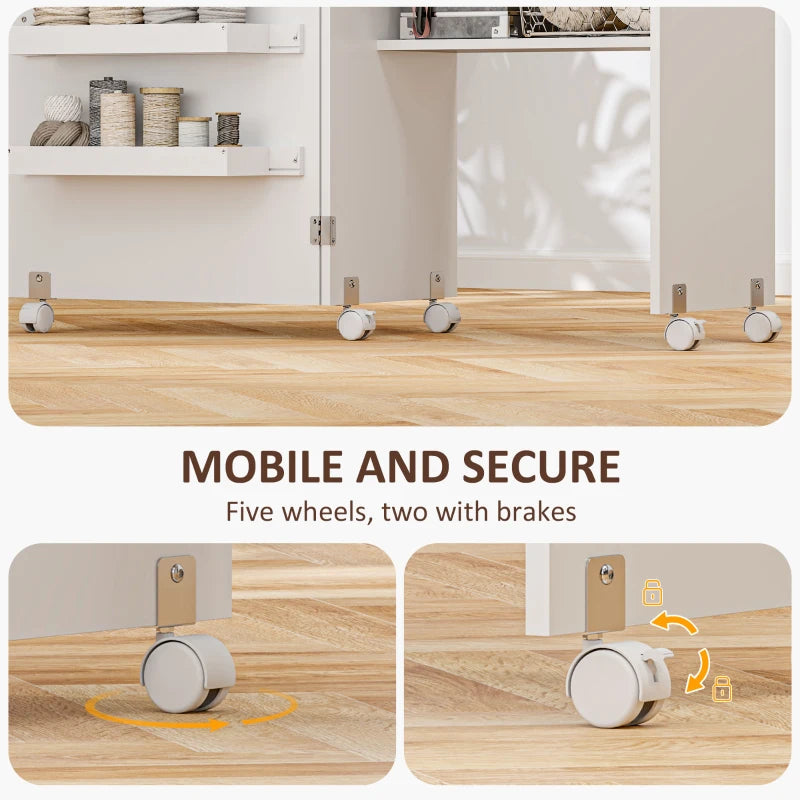 Folding Sewing Table with Drop Leaf & Storage Bins - Rolling Craft Table for Small Spaces, White Sewing Machine Cabinet
