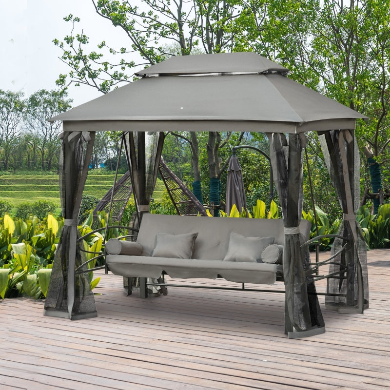 Grey 3-Seater Convertible Garden Swing Bed with Canopy