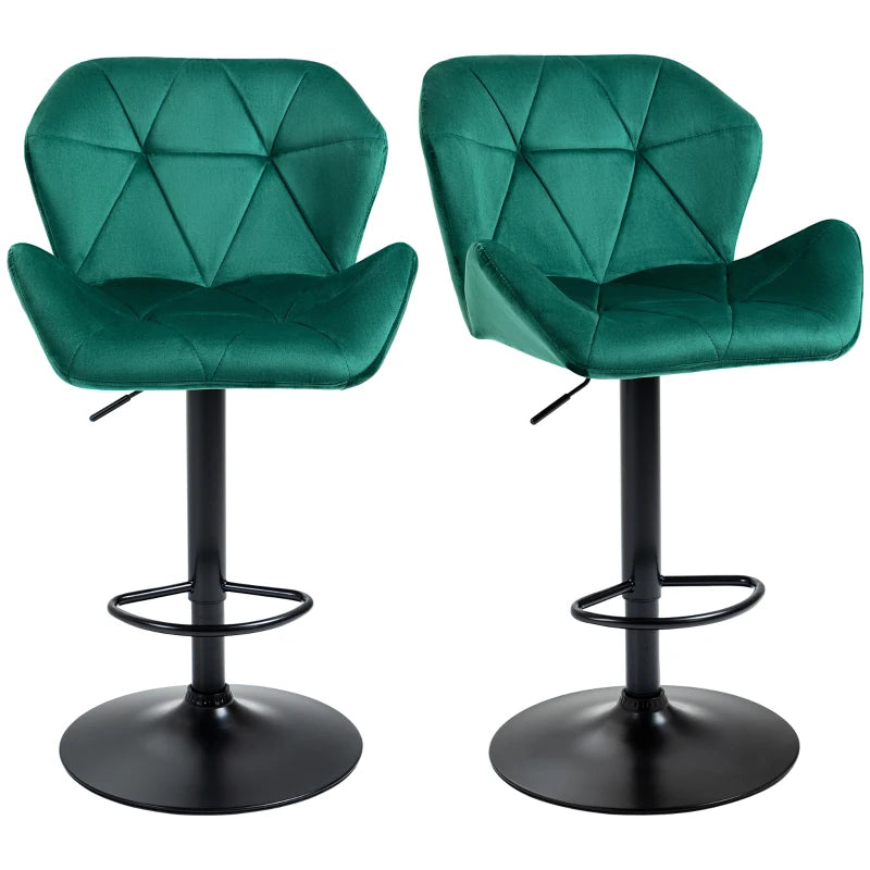 Set of 2 Velvet Bar Stools with Metal Frame Footrest, Adjustable Height, Stylish Green Color for Kitchen or Home Bar