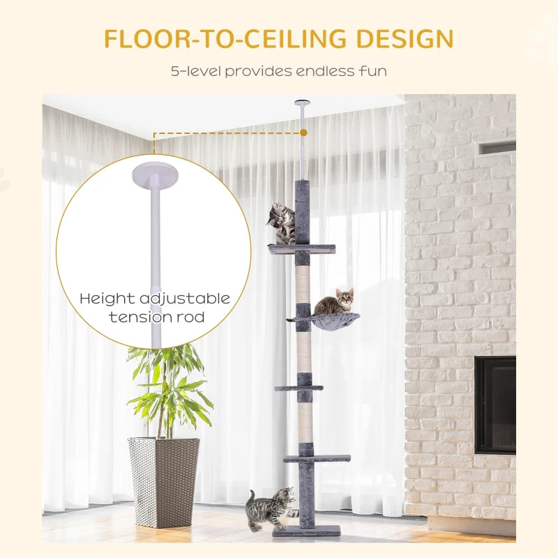 Adjustable 5-Tier Cat Tree 230-260cm - Floor to Ceiling Cat Tower with Scratching Post, Hammock & Perches for Indoor Kittens - Grey