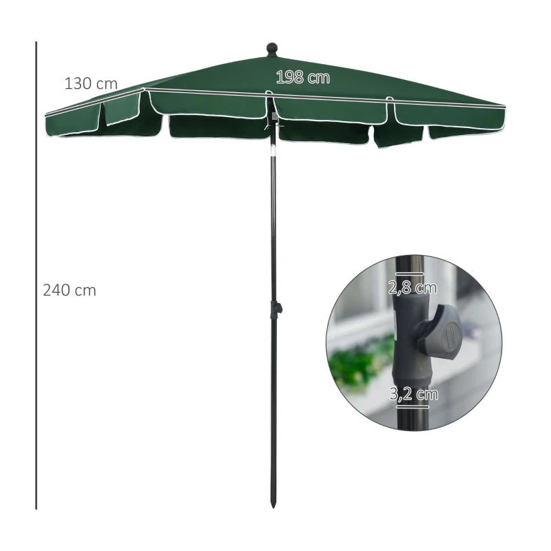 Green Rectangular Garden Parasol Umbrella with Ruffles, Aluminium Pole - 2 x 1.3m