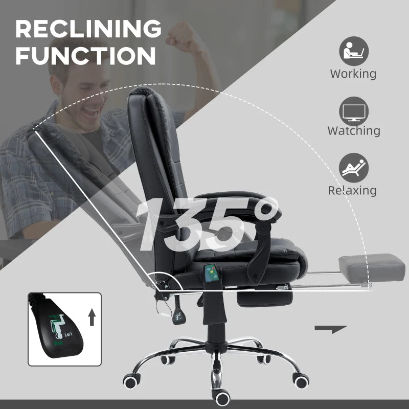 Vinsetto Ergonomic Office Chair with 6-Point Massage, Back Heat, Adjustable Footrest, Swivel Wheels, Reclining - Black PU