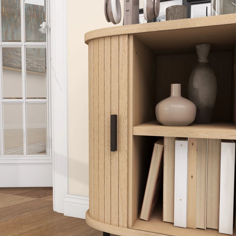 Mid-Century Modern Sideboard Storage Cabinet with Sliding Doors and Steel Legs in Oak Tone