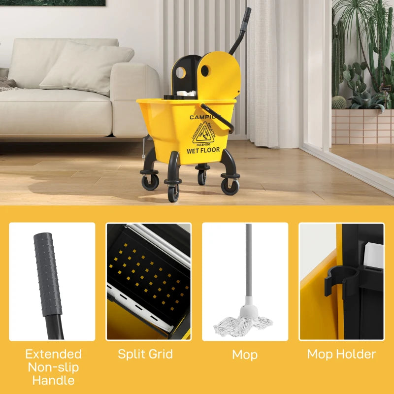 26 Litre Yellow Mop Bucket with Wringer - Heavy Duty Cleaning Tool for Home and Commercial Use