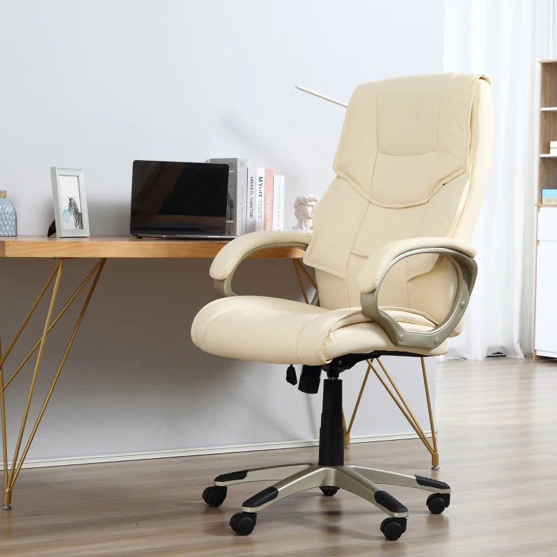 High Back Home Office Chair - Adjustable Cream White Faux Leather Desk Chair with Rocking Function