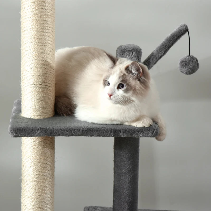 270cm Cat Tree for Indoor Cats - Floor to Ceiling Scratching Post with Hammock & Hanging Ball - Grey Activity Center