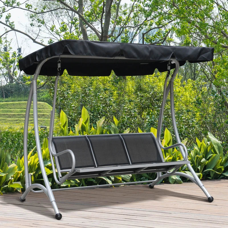 Black 3-Person Steel Outdoor Swing Bench with Canopy