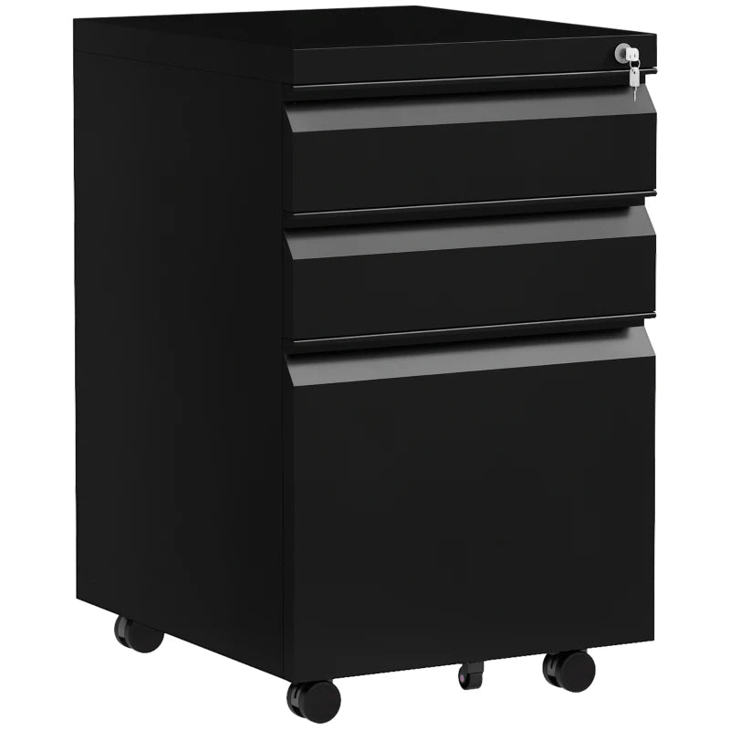 Vinsetto Mobile 3-Drawer Filing Cabinet with Lock - Steel Under Desk Storage for A4, Legal & Letter Size - Black
