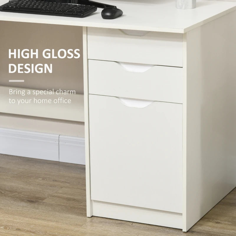 High Gloss White Computer Desk with Drawers & Storage Cabinet - Stylish 120x60cm Home Office Study Workstation
