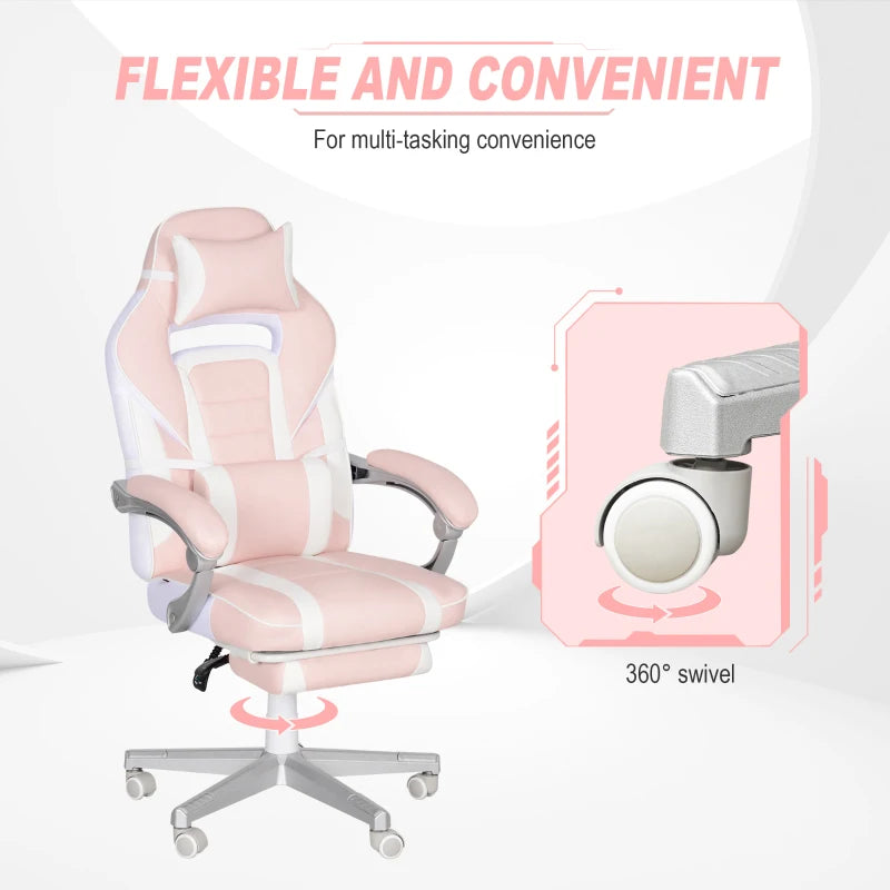 Faux Leather Pink/White Reclining Gaming Chair with Footrest - Ergonomic Comfort for Gamers