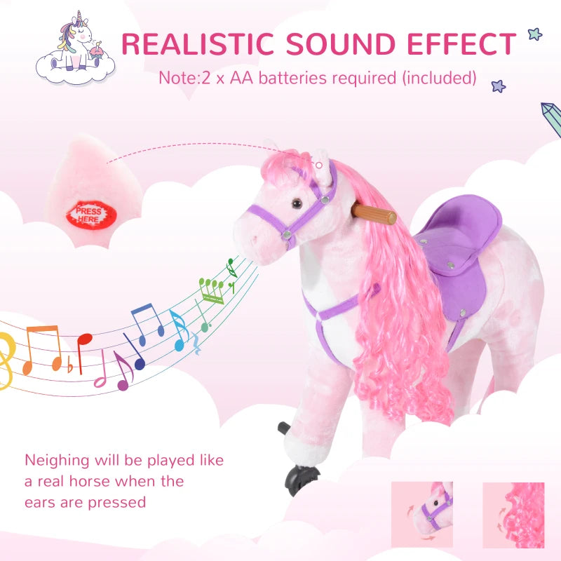 Plush Walking Horse Ride-On Toy with Wheels & Sounds - 50cm Pink Rocking Horse for Kids 2+ Years