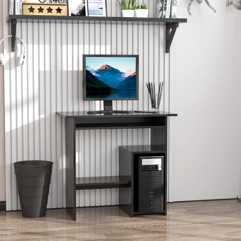 Compact Modern Black Wooden Computer Desk with Keyboard Tray & Storage Shelf - Ideal Corner Table for Home Office
