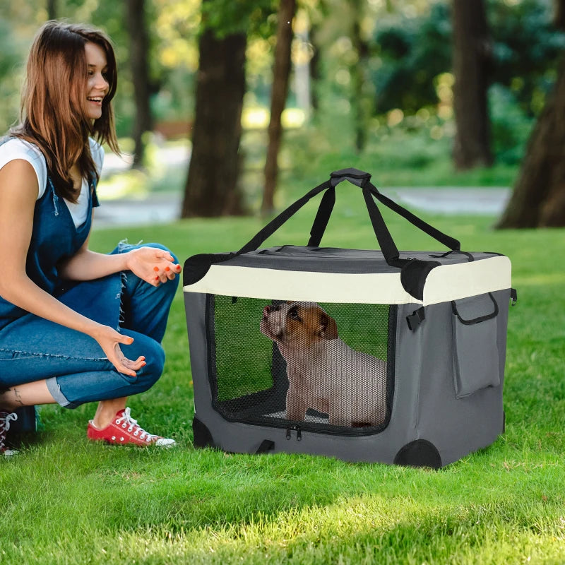 70cm Foldable Pet Carrier with Cushion for Small Dogs & Cats - Grey Portable Travel Bag