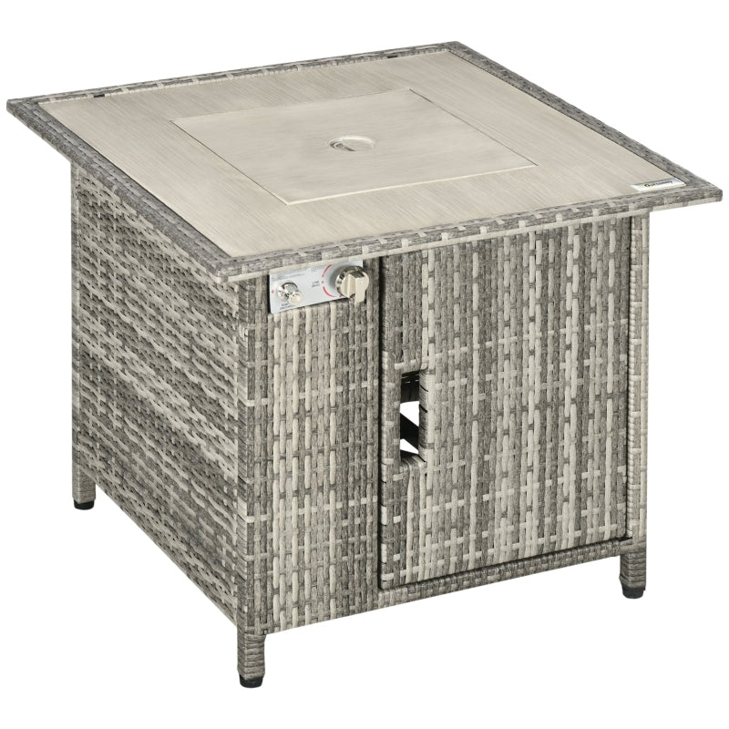 Grey Rattan Gas Fire Pit Table with Glass Windscreen and Rain Cover