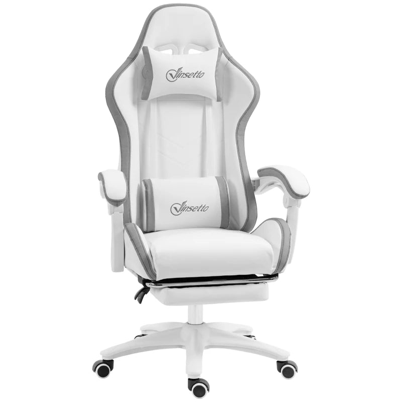 Vinsetto Gaming Chair with Footrest - PU Leather Swivel Desk Chair, 135° Recline, Lumbar Support, White & Grey