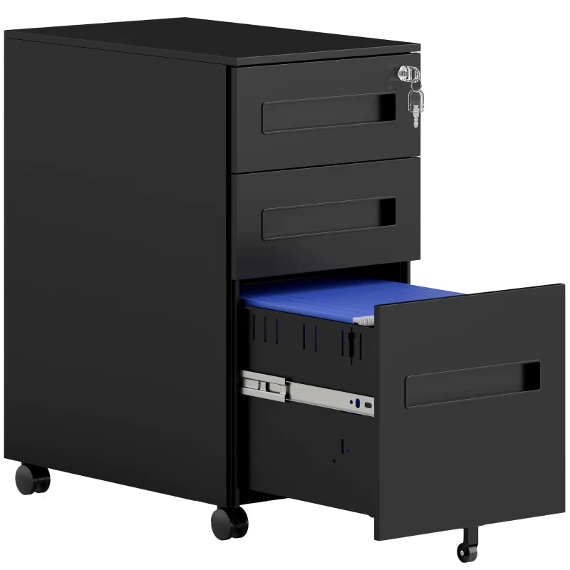 Vinsetto Black Three-Drawer Steel Filing Cabinet - Durable Office Storage Solution for Organizing Documents and Files