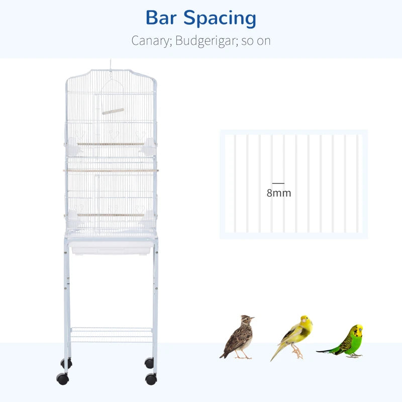 Premium Bird Cage for Budgies, Finches & Parakeets with Stand, Wheels, Slide-out Tray & Storage Shelf - White 46.5x36x157 cm