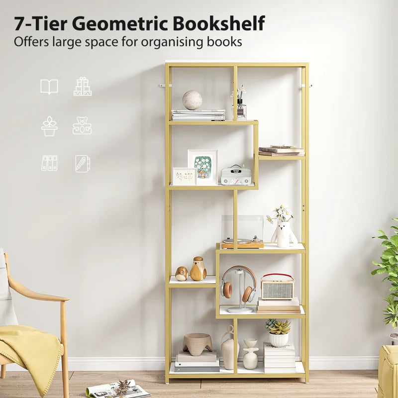 Unique Seven-Tier Geometric Bookcase in White and Gold Tone - Stylish Storage Solution for Modern Home Decor