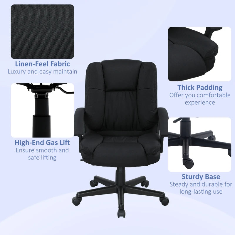 Stylish Black Linen-Look Padded Office Chair for Comfort and Support - Perfect for Home or Office Use