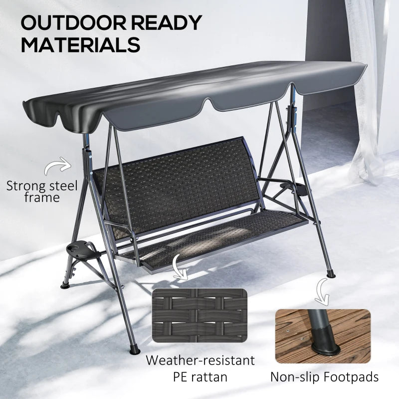 3 Seater Garden Swing Chair with Adjustable Canopy, Rattan Seat & Steel Frame, Grey