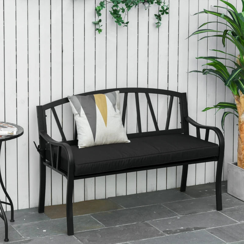 2-Seater Black Metal Garden Bench with Cushion - Slatted Outdoor Loveseat Chair with Decorative Backrest and Armrests