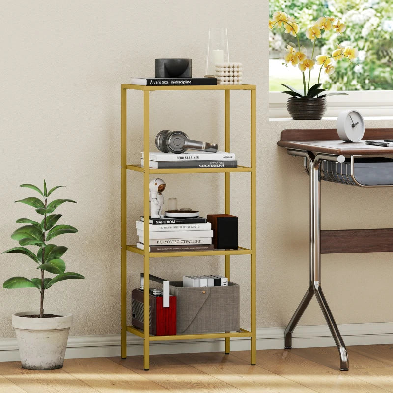 Elegant 4-Tier Glass Shelving Unit - Vertical Storage for Living Room, Home Office, Bedroom & Bathroom - Gold Tone Design
