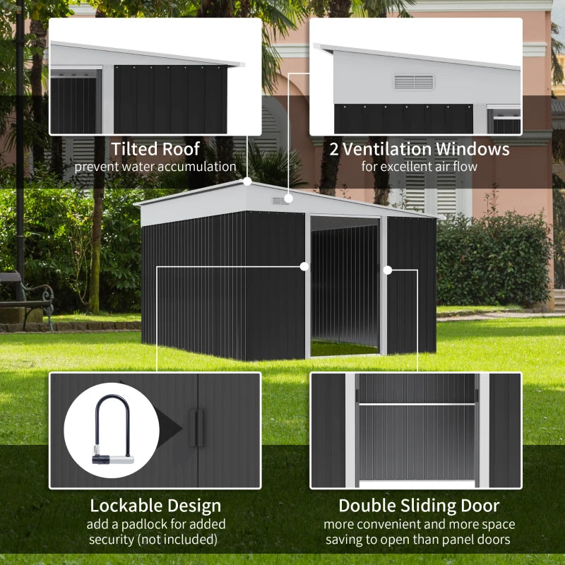 3.3 x 2.68m Black Corrugated Metal Garden Shed - Durable Outdoor Storage Solution