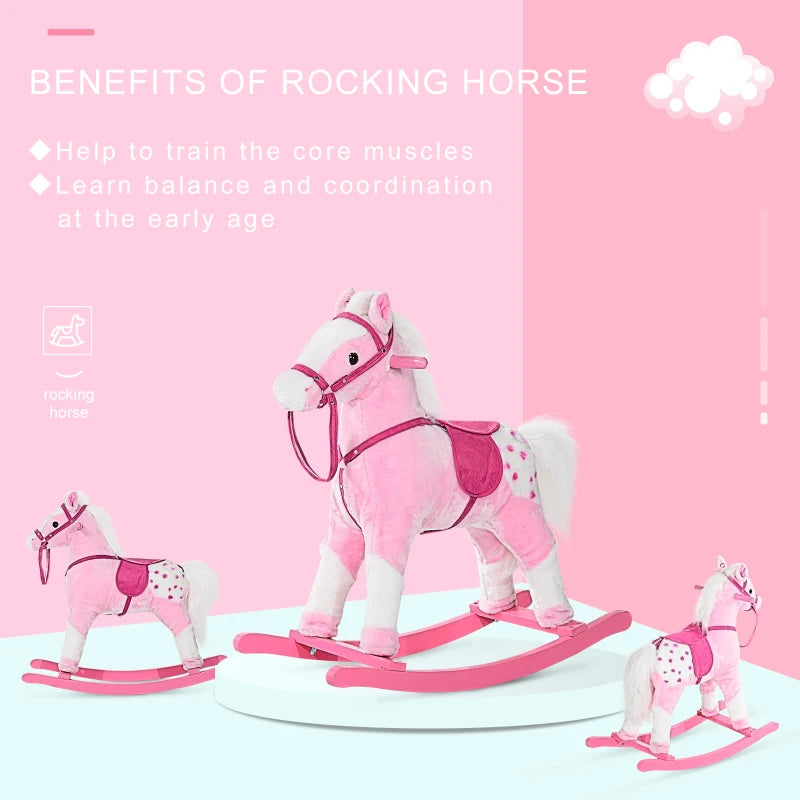 Pink Baby Rocking Horse Plush Ride-On Toy with Sound and Handle Grip for Kids Ages 3-6 - Perfect Gift!