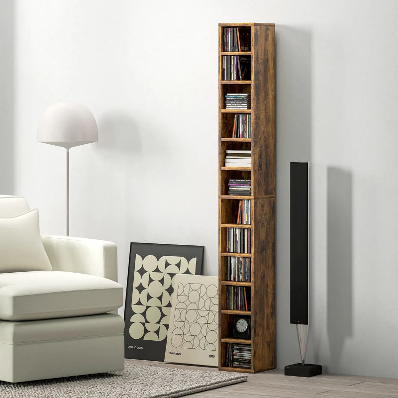 204 CD Tall Narrow Media Storage Tower - Rustic Brown - Space-Saving Organizer for DVDs, Games & Media - Stylish Home Decor