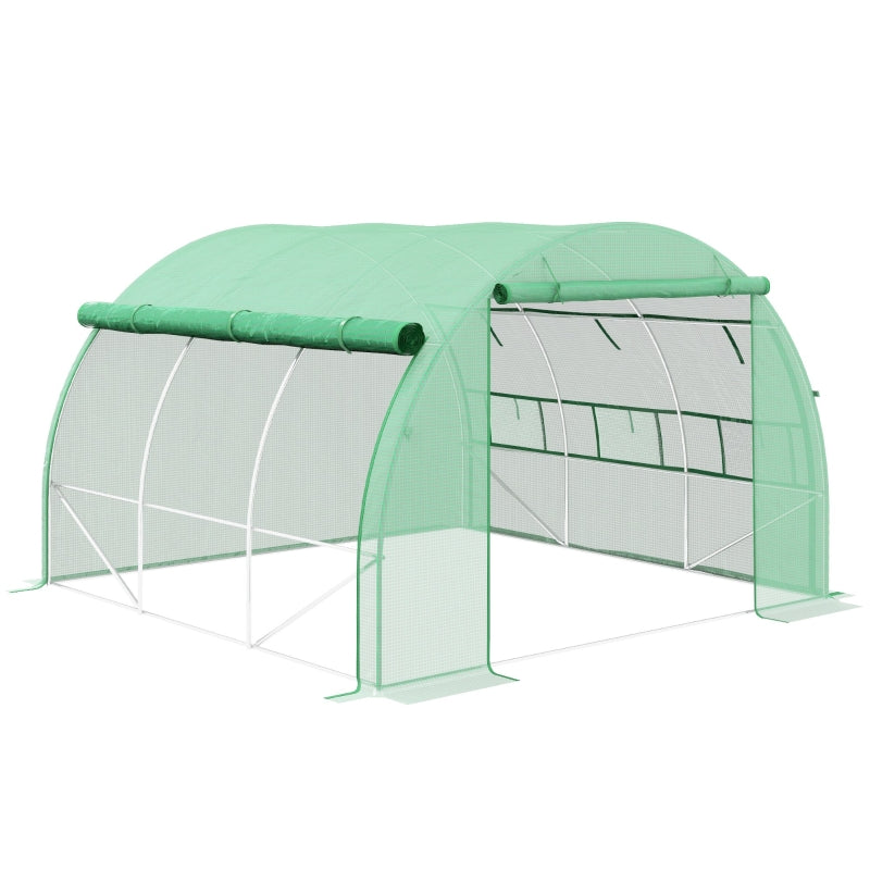 Green Walk-in Polytunnel Greenhouse with Roll-up Sidewalls, Zipped Door, 6 Windows - 3x3x2m